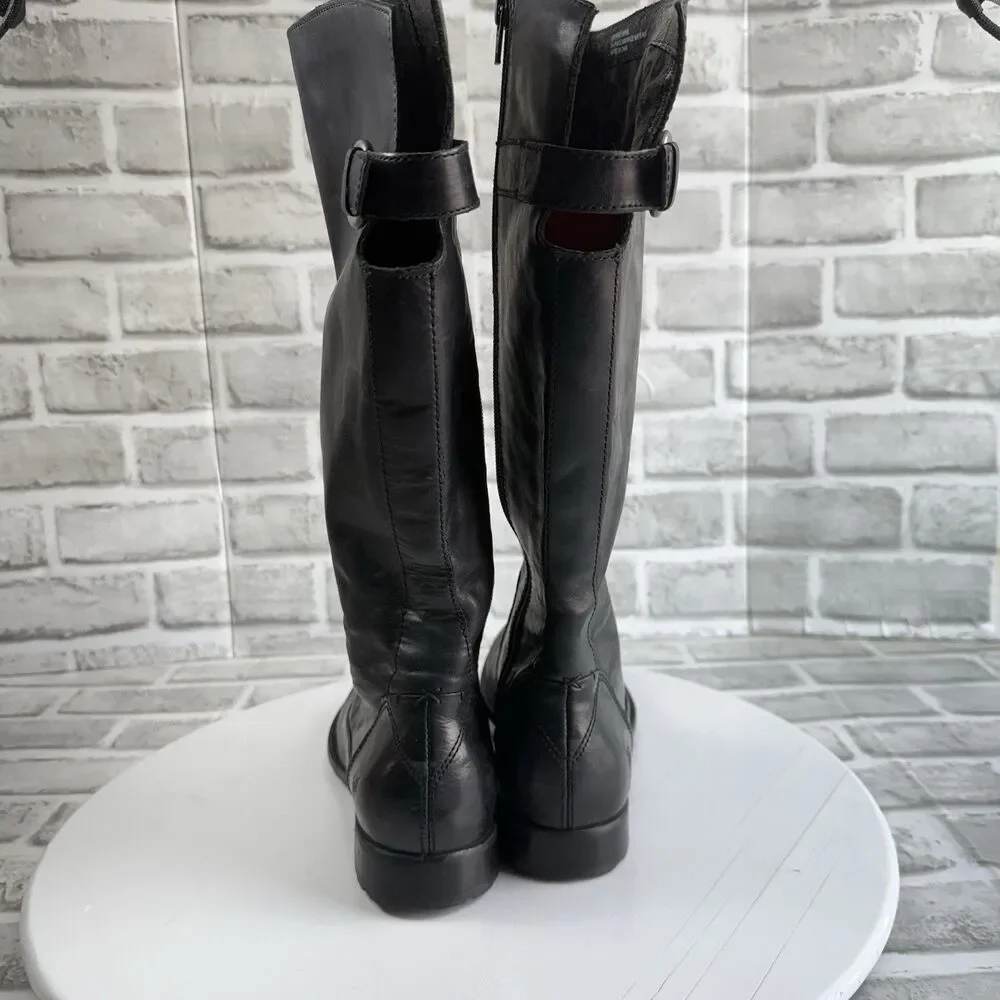 BORN Women's Size 7.5 Black Leather Knee High Side Zip Buckle Boots